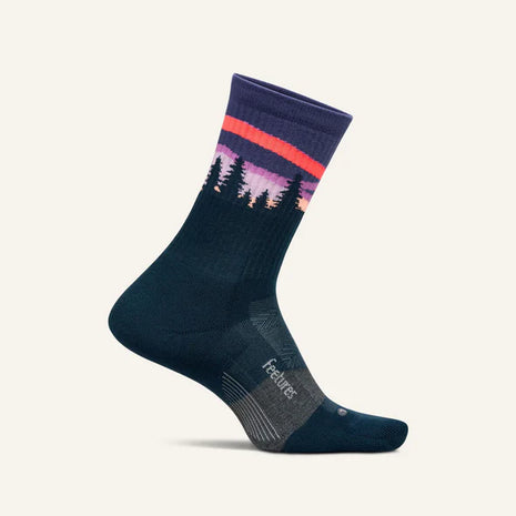 Trail Max Cushion Mini-Crew by Feetures in navy with forest design, anatomical fit and targeted compression for trail running and hiking