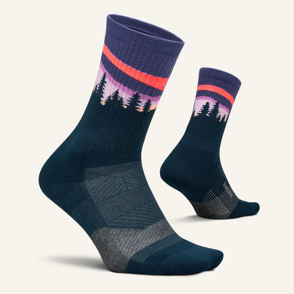 Trail Max Cushion Mini-Crew by Feetures in dark blue with sunset and tree design, cushioned, anatomical fit for hiking and trail running