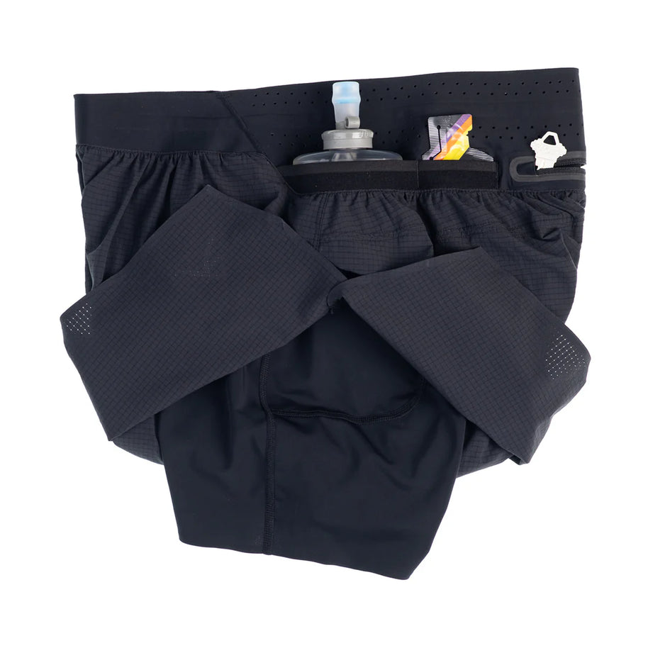 Trail Tech Short - Men by Raide Research in black with hydration and nutrition pockets built for long-distance running and trail use