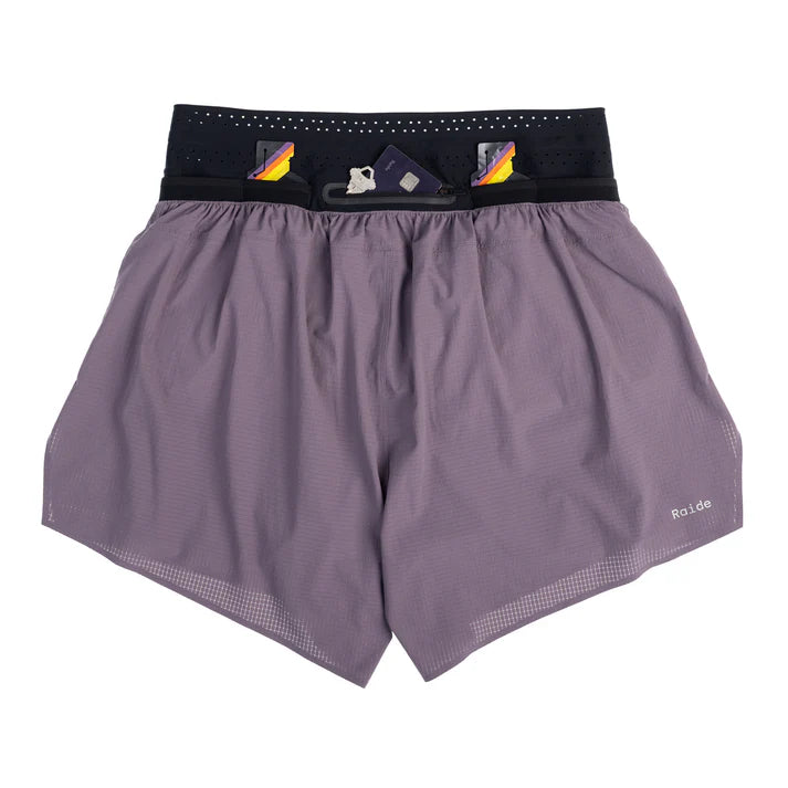 Trail Tech Short - Men by Raide Research in purple with black waistband, designed for hydration storage and lightweight trail running use