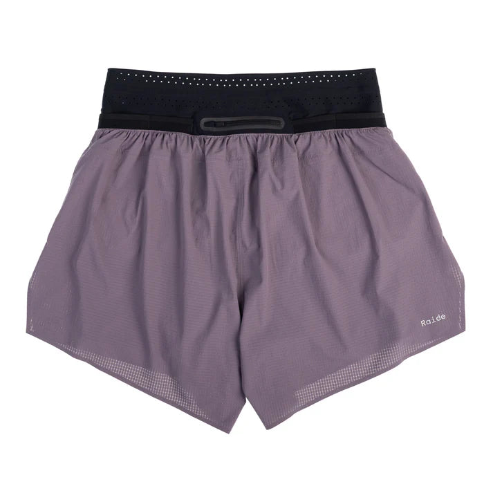 Trail Tech Short - Men by Raide Research in purple with black waistband, lightweight shorts designed for hydration and nutrition carrying in running.