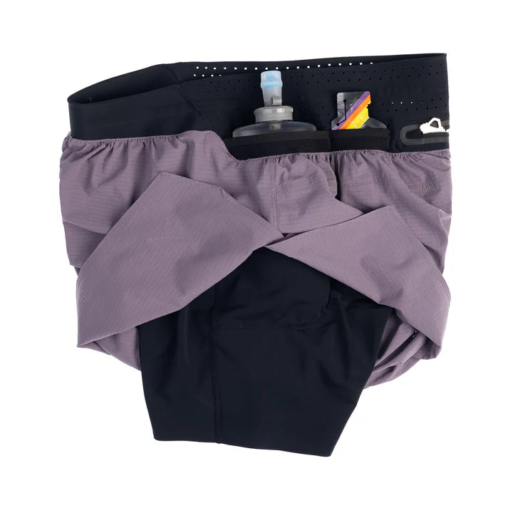 Trail Tech Short - Men by Raide Research in purple and black with hydration and nutrition storage, designed for long trail running and outdoor use