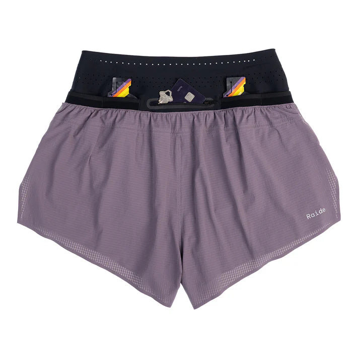 Trail Tech Short - Women by Raide Research in purple and black with hydration and nutrition pockets for hands-free running and training
