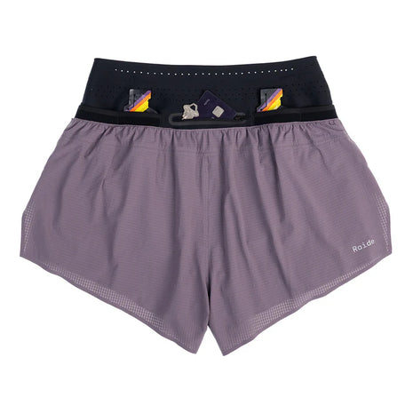 Trail Tech Short - Women by Raide Research in purple and black with hydration and nutrition pockets for hands-free running and training