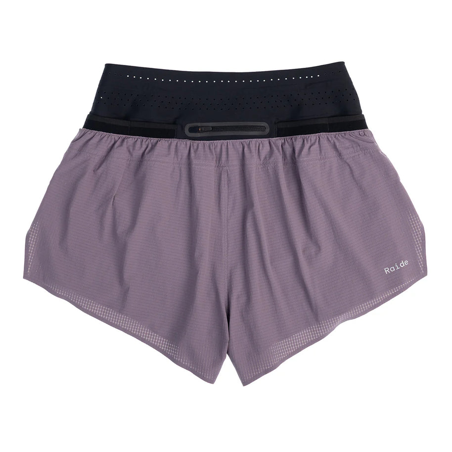 Trail Tech Short - Women by Raide Research in lavender and black with hydration pockets, lightweight for running and outdoor use