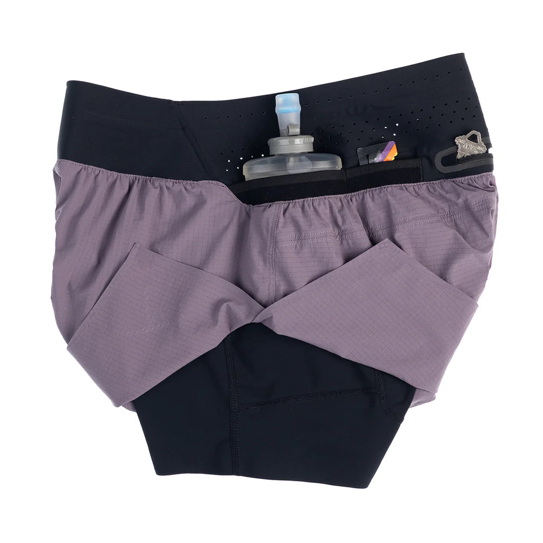 Trail Tech Short - Women by Raide Research in purple and black with hydration and nutrition storage, designed for running and outdoor use