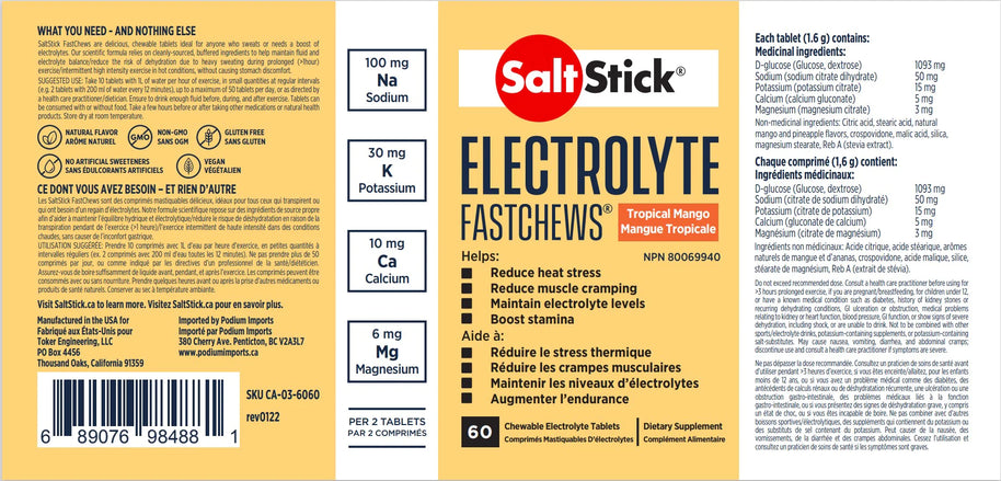 Saltstick Fastchews 60-Tab Bottle in tropical mango by Saltstick, chewable electrolyte tablets with sodium, potassium, magnesium, and calcium for hydration and endurance