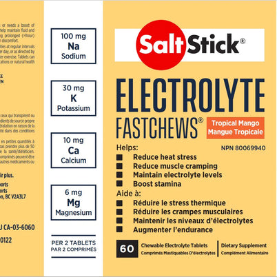 Saltstick Fastchews 60-Tab Bottle in tropical mango by Saltstick, chewable electrolyte tablets with sodium, potassium, magnesium, and calcium for hydration and endurance