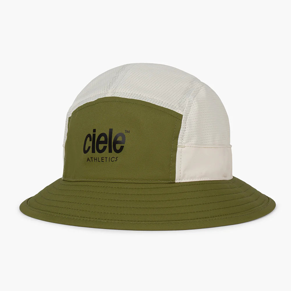 GOBucket-Comp-Athletics by Ciele in olive green and white, lightweight breathable bucket hat redesigned for running and outdoor use in Canada