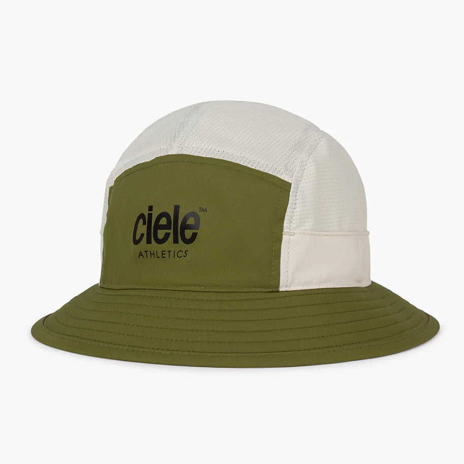 GOBucket-Comp-Athletics by Ciele in olive green and white, lightweight breathable bucket hat redesigned for running and outdoor use in Canada
