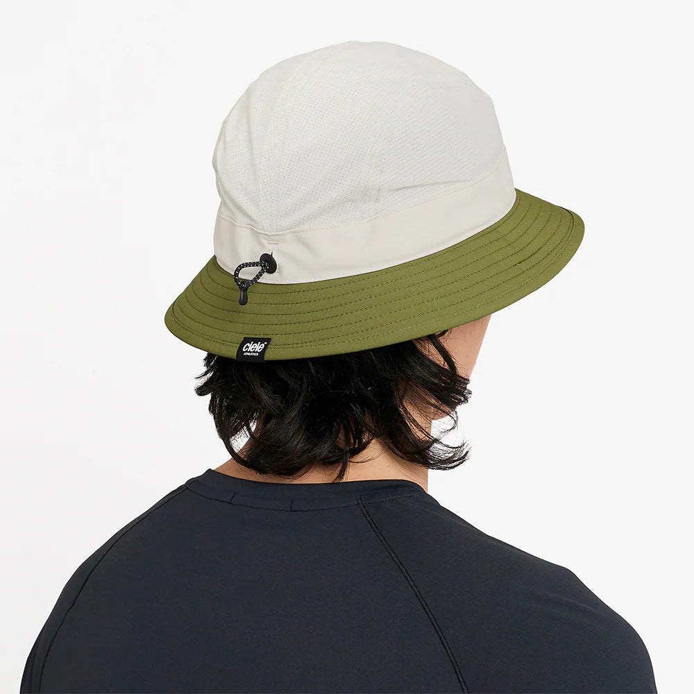 GOBucket-Comp-Athletics by Ciele in white and olive, lightweight bucket hat with reworked fabric for athletic and outdoor use in Canada