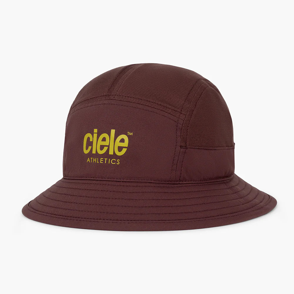 GOBucket-Comp-Athletics by Ciele in dark brown with yellow logo, lightweight bucket hat reworked for performance and running use in Canada
