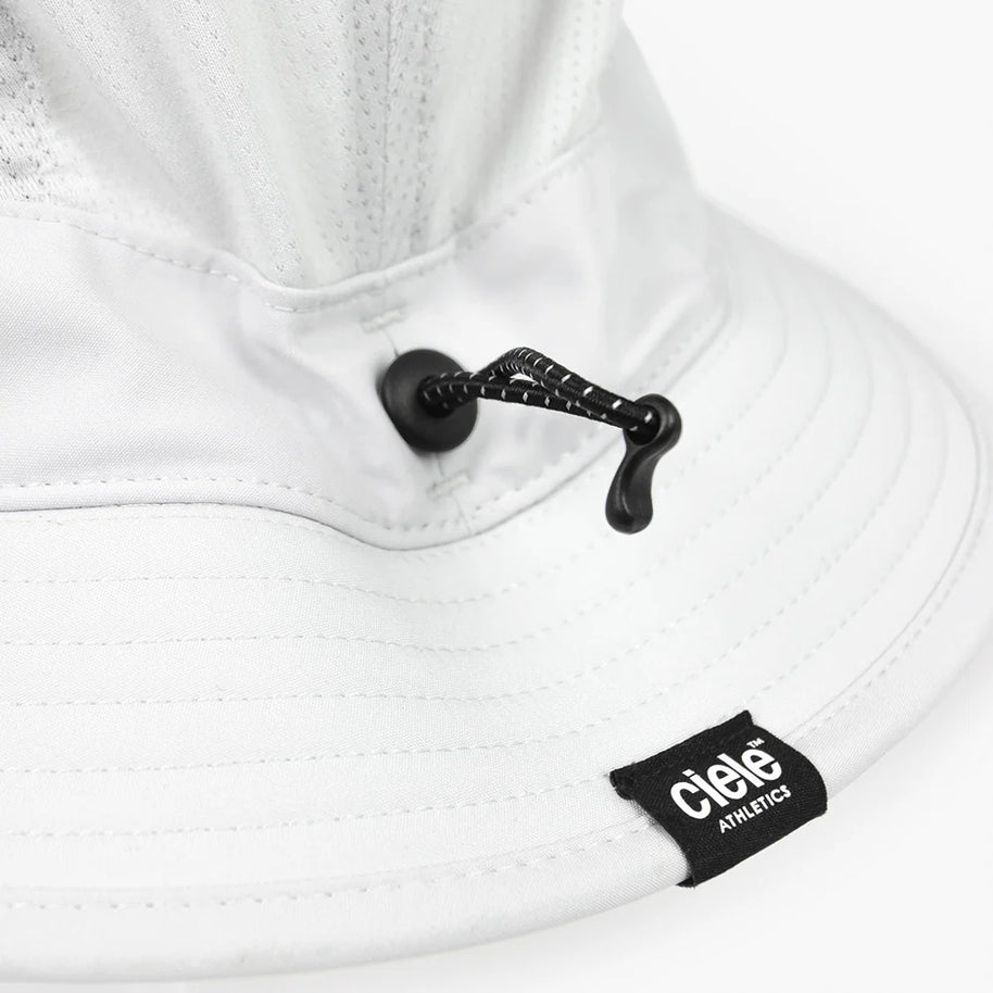 GOBucket-Comp-Athletics by Ciele in white with adjustable drawcord, lightweight breathable fabric, ideal for running and outdoor use in Canada