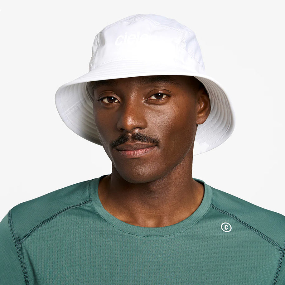 GOBucket-Comp-Athletics by Ciele in white bucket hat with reworked fabric for comfortable fit ideal for running Canada-based apparel