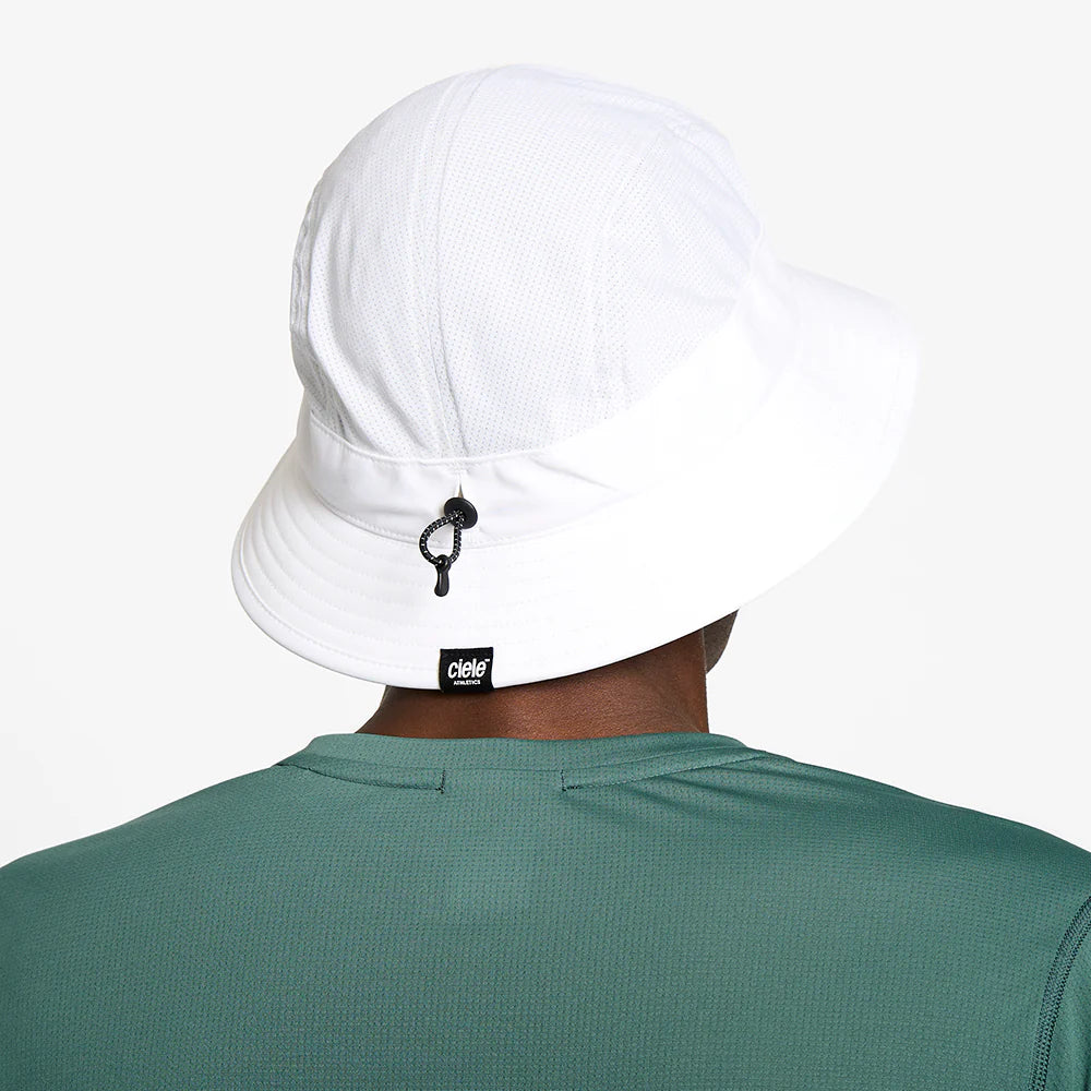 GOBucket-Comp-Athletics by Ciele in white lightweight breathable bucket hat with reworked fabric ideal for running and outdoor use in Canada