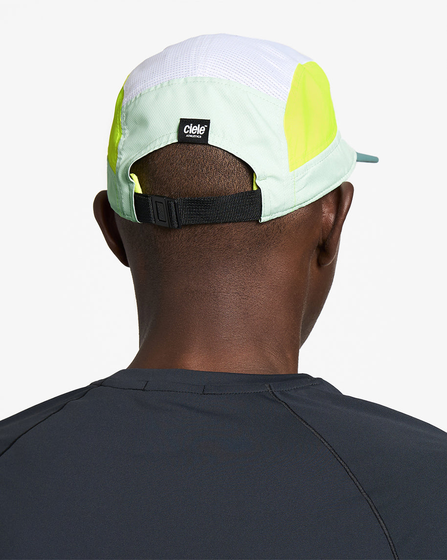 GOCap - Field - IconicBar by Ciele in white and neon yellow with coolmatic plus flowmesh ventilation, lightweight running cap from Canada
