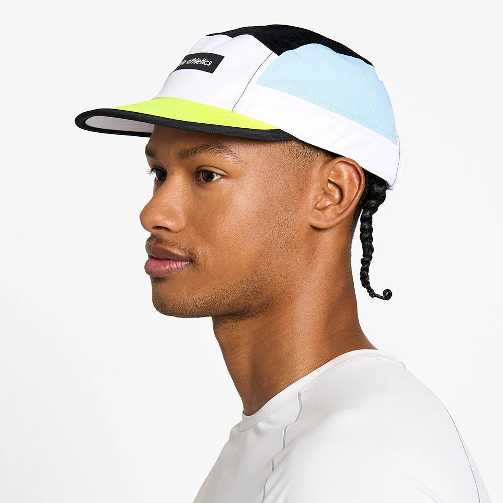 GOCap - Field - IconicBar by Ciele in white, blue, and yellow with coolmatic plus flowmesh for ventilation, ideal for running in Canada