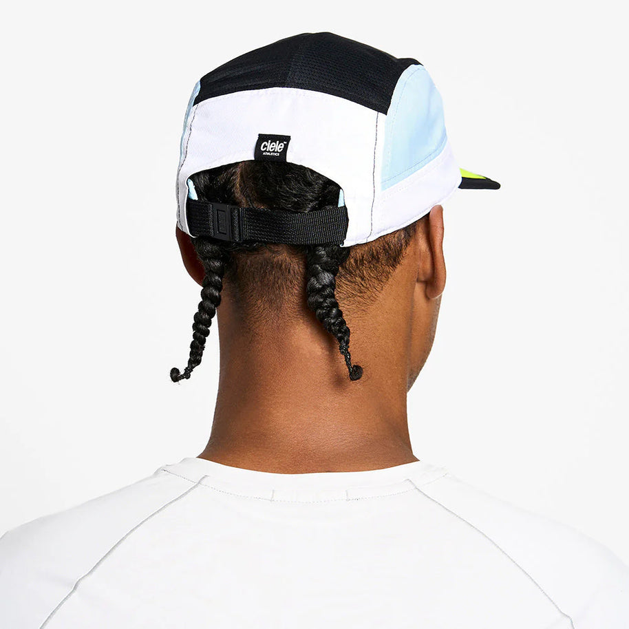 GOCap - Field - IconicBar by Ciele in black, white, and light blue with adjustable strap and Coolmatic Plus Flowmesh for ventilation ideal for running