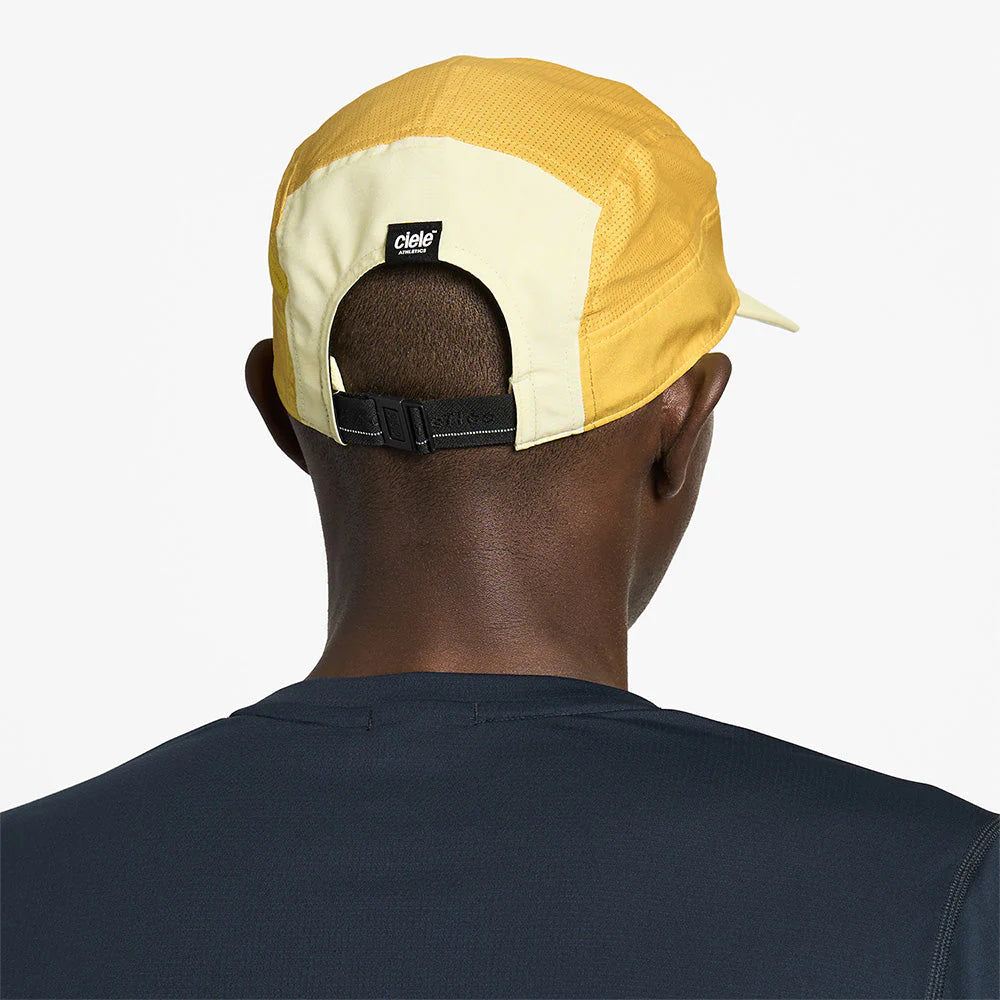 GOCap - Comp - Century by Ciele in yellow and cream with stretch flexweave fabric, fitted comfort, UPF 50+ protection, ideal for running in Canada