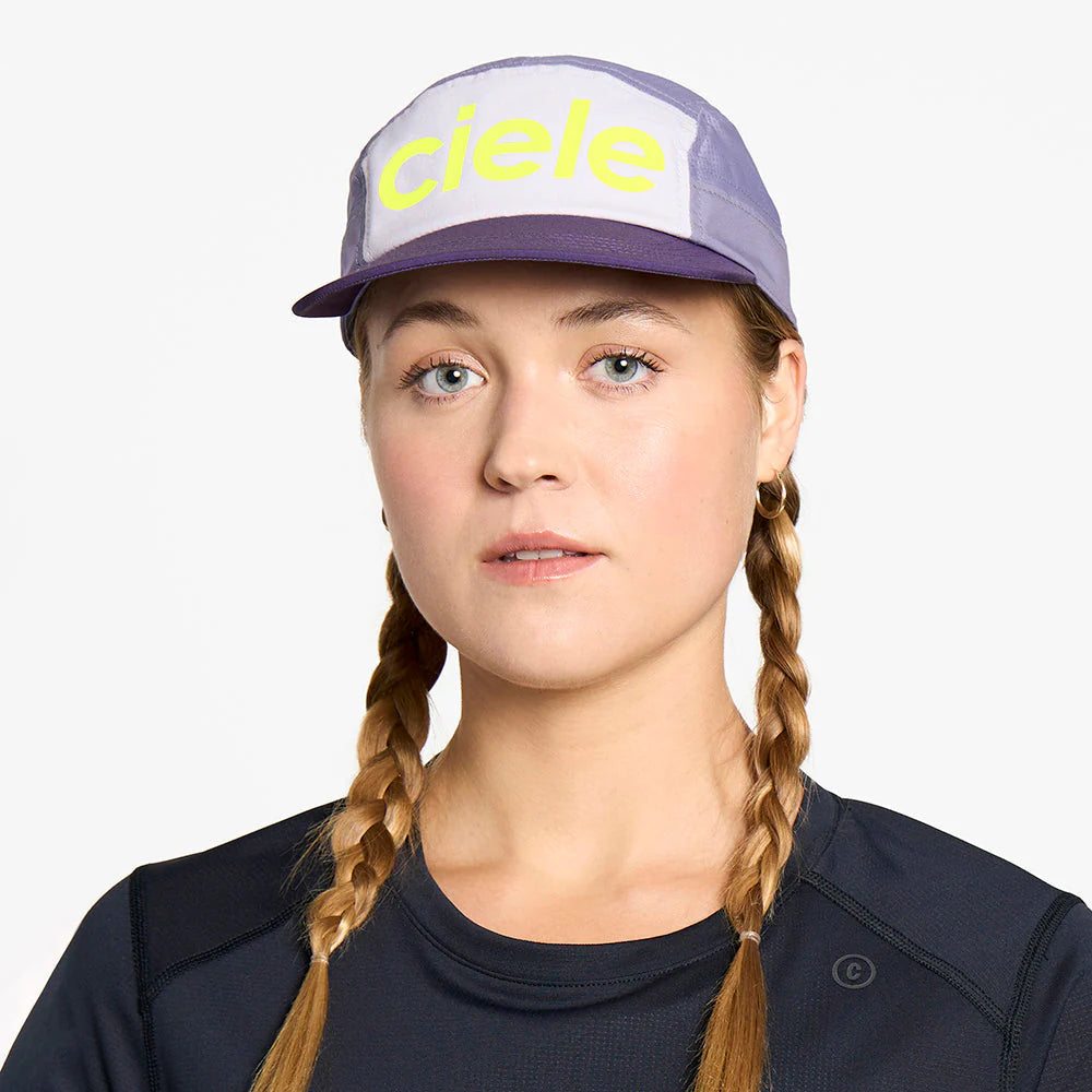 GOCap - Comp - Century by Ciele in purple and yellow with stretch flexweave fabric and UPF 50+ protection for running in Canada