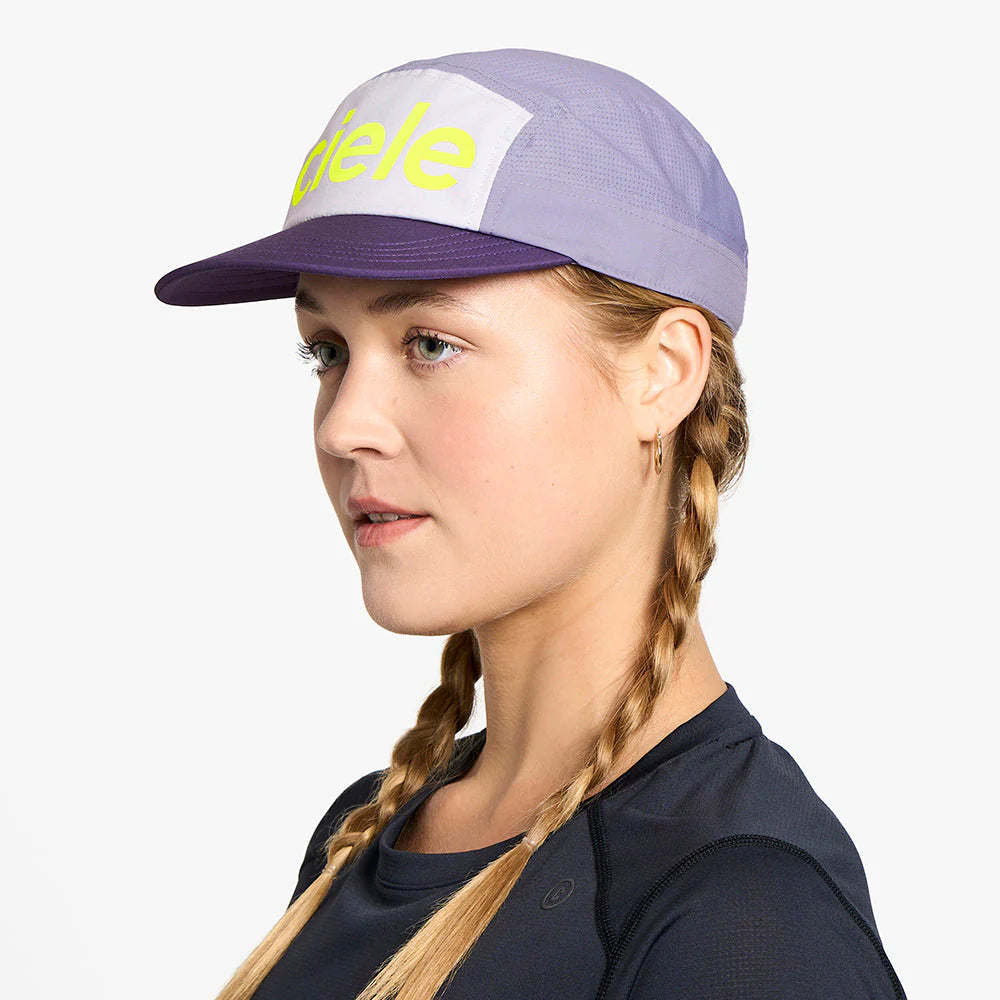 GOCap - Comp - Century by Ciele in purple and white with yellow logo, stretch flexweave fabric and UPF 50+ for running and outdoor use