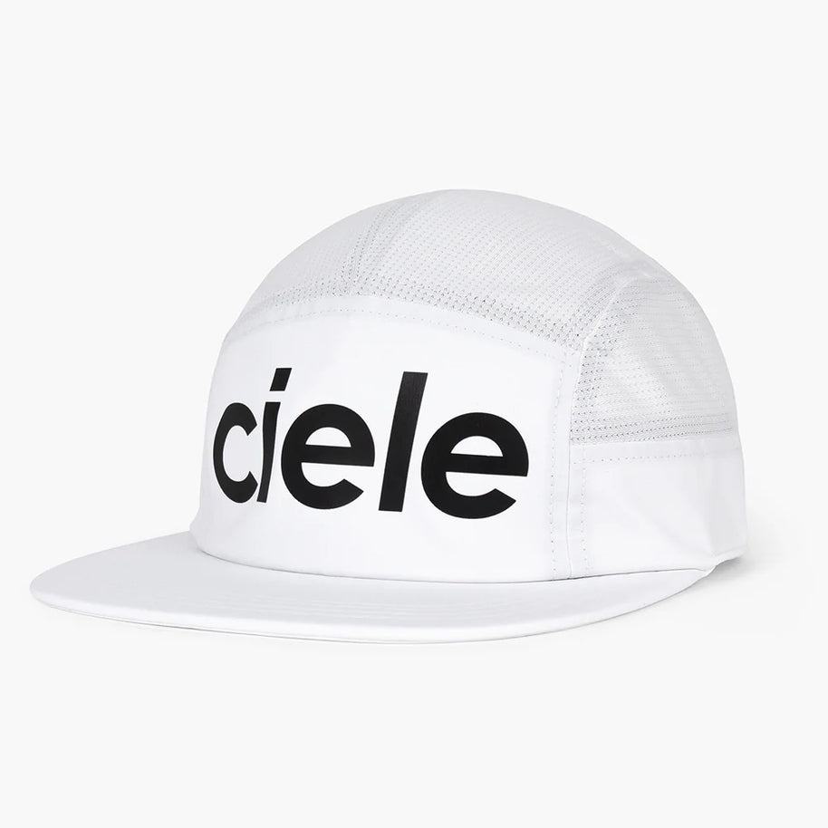 GOCap - Comp - Century by Ciele in white with black logo, stretch flexweave fabric, fitted comfort, UPF 50+ protection, ideal for running in Canada