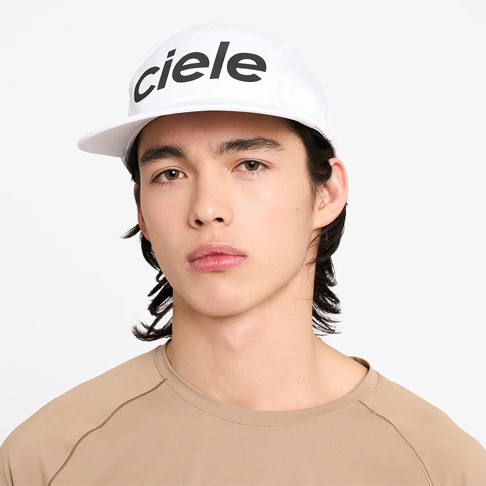 GOCap - Comp - Century by Ciele in white with black logo, stretch flexweave fabric, fitted comfort and UPF 50+ protection for running