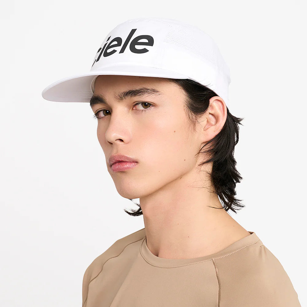 GOCap - Comp - Century by Ciele in white with black logo, stretch flexweave fabric, fitted comfort, and UPF 50+ protection for running