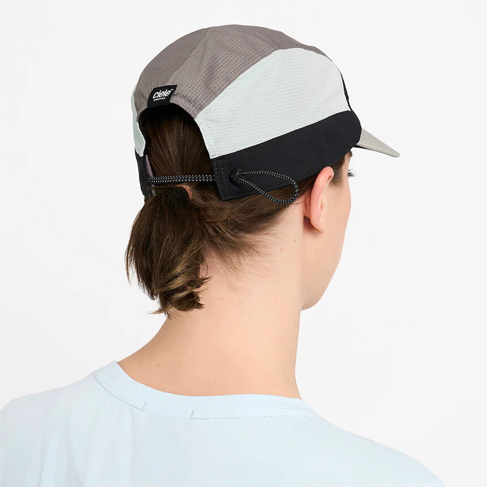 FSTCapSC - Comp - IconicVC by Ciele in grey, white, and black low profile running cap with Flexweave fabric and UPF protection for competitive running