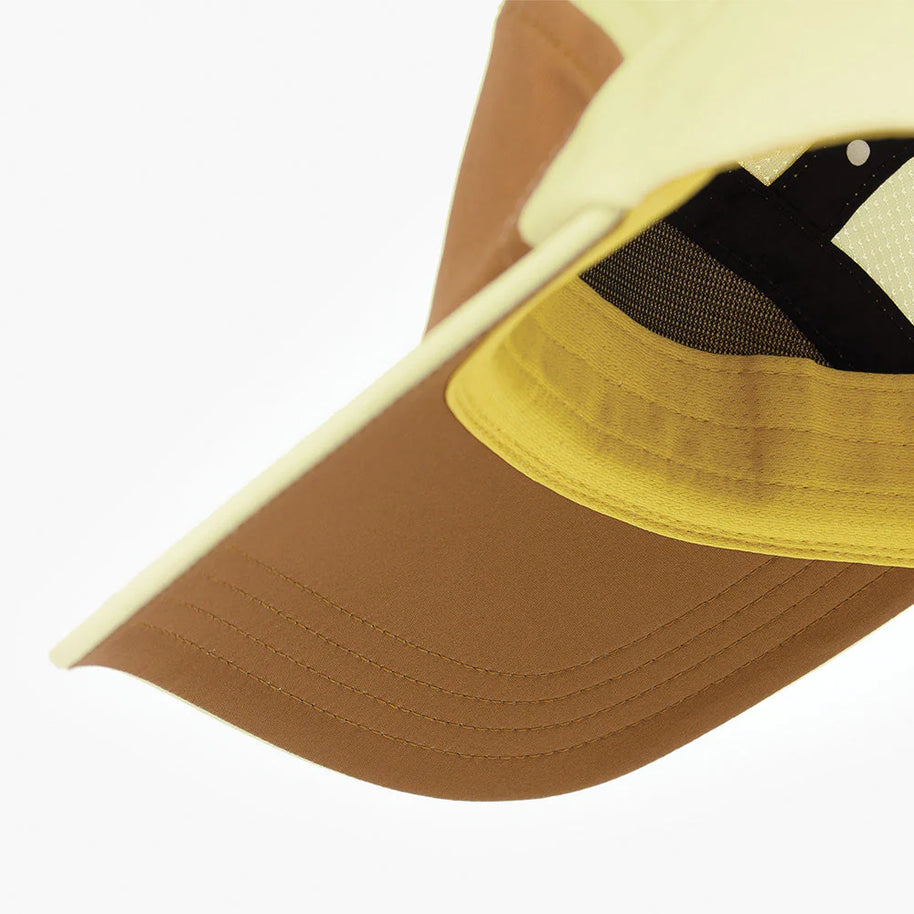 FSTCapSC - Comp - IconicVC by Ciele in yellow and brown, low profile running cap with Flexweave fabric and UPF protection, ideal for competition and outdoor use.