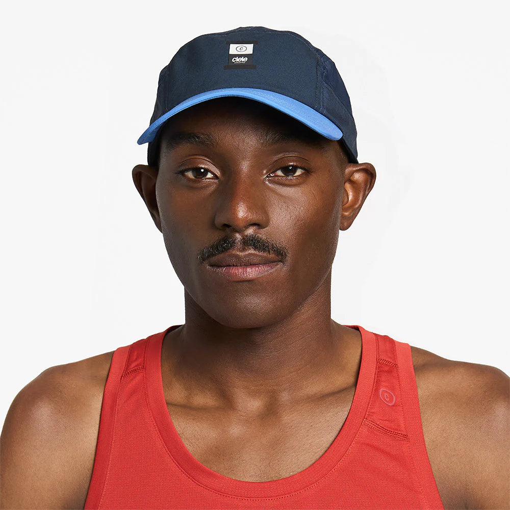GOCapSC - Comp - Ccube by Ciele in navy and blue with reflective label and stretch flexweave fabric, lightweight running cap from Canada