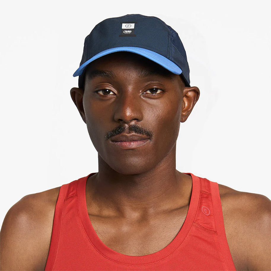GOCapSC - Comp - Ccube by Ciele in navy and blue with reflective label and stretch flexweave fabric, lightweight running cap from Canada