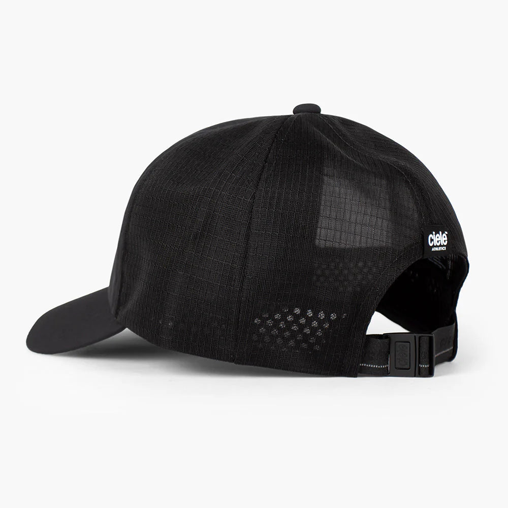 TRLCapSC - Comp - Onehundred by Ciele in black with higher crown for air circulation, lightweight running cap ideal for cooling and outdoor use