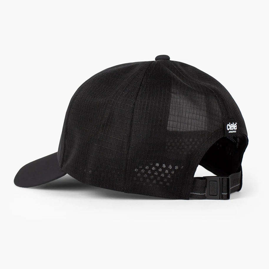 TRLCapSC - Comp - Onehundred by Ciele in black with higher crown for air circulation, lightweight running cap ideal for cooling and outdoor use