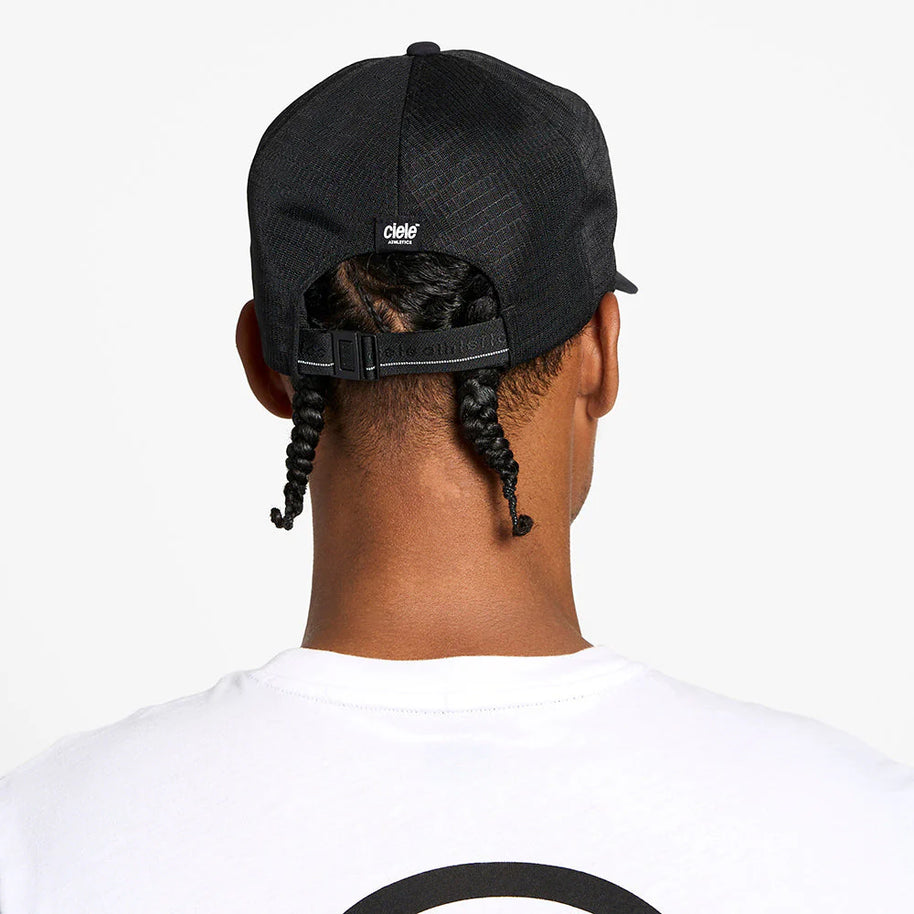 TRLCapSC - Comp - Onehundred by Ciele in black with higher crown for ventilation, breathable running cap designed for faster cooling and outdoor use