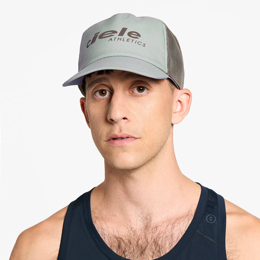 TRLCapSC - Comp - Onehundred by Ciele in grey and brown, lightweight running cap with high crown for air circulation and cooling