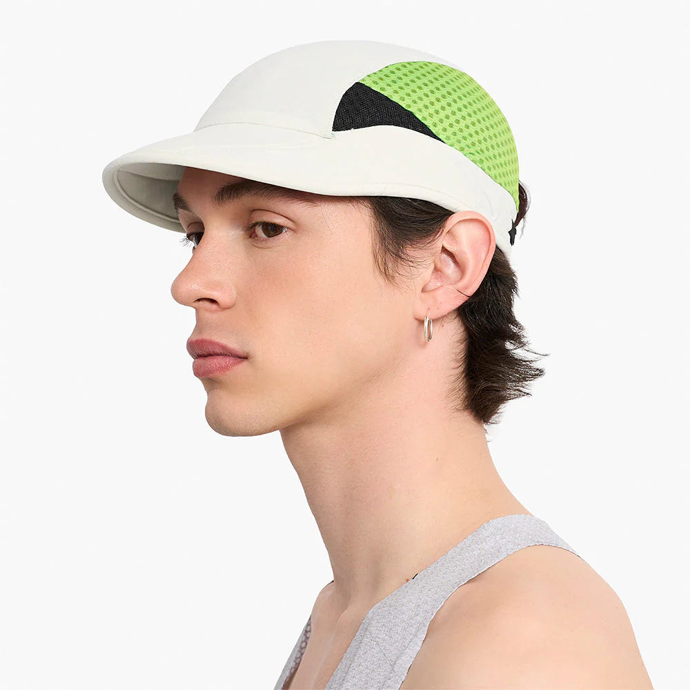 FSTCap-Elite-Ethereal by Ciele in white and neon green, ultralight technical running cap designed for performance and ventilation in Canada