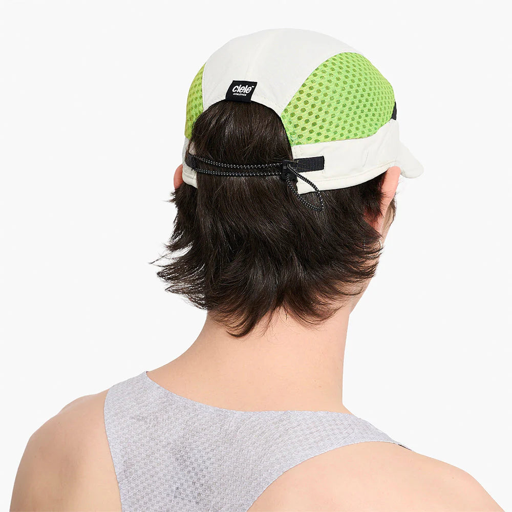 FSTCap-Elite-Ethereal by Ciele in white and green, ultra-light technical running cap designed for performance and breathability in Canada