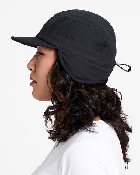 GOCap-FLTWND-UltraIconic by Ciele in black with fold-away ear flaps, cold weather running cap designed for storm protection in Canada