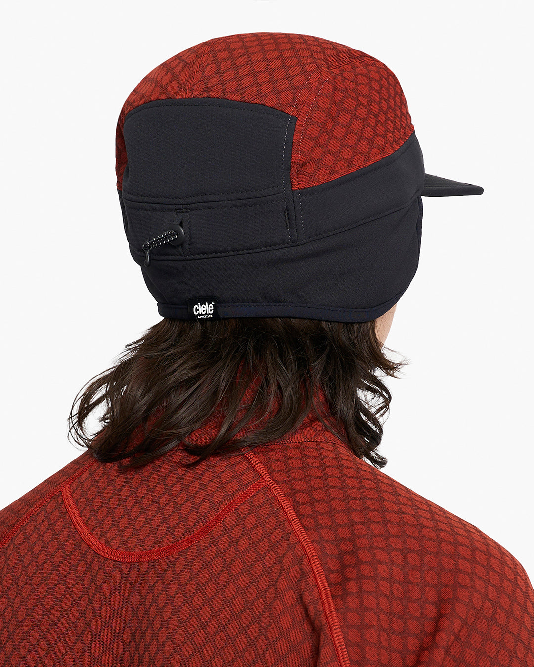 GOCap-FLTWND-UltraIconic by Ciele in red and black with fold away ear flaps, cold weather running cap for icy conditions in Canada