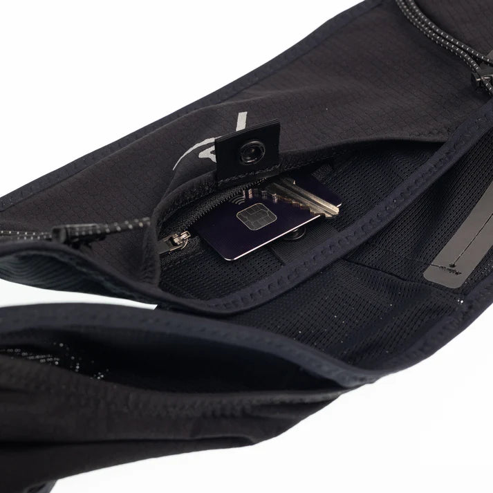 UL 1L Running Belt by Raide Research in black, lightweight trainer belt with secure zipper pocket ideal for road and trail running