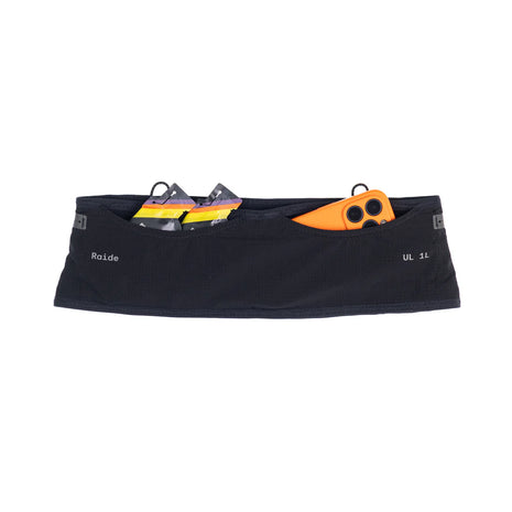 UL 1L Running Belt by Raide Research in black, lightweight trainer for road and trail runs with hydration storage and nutrition pockets