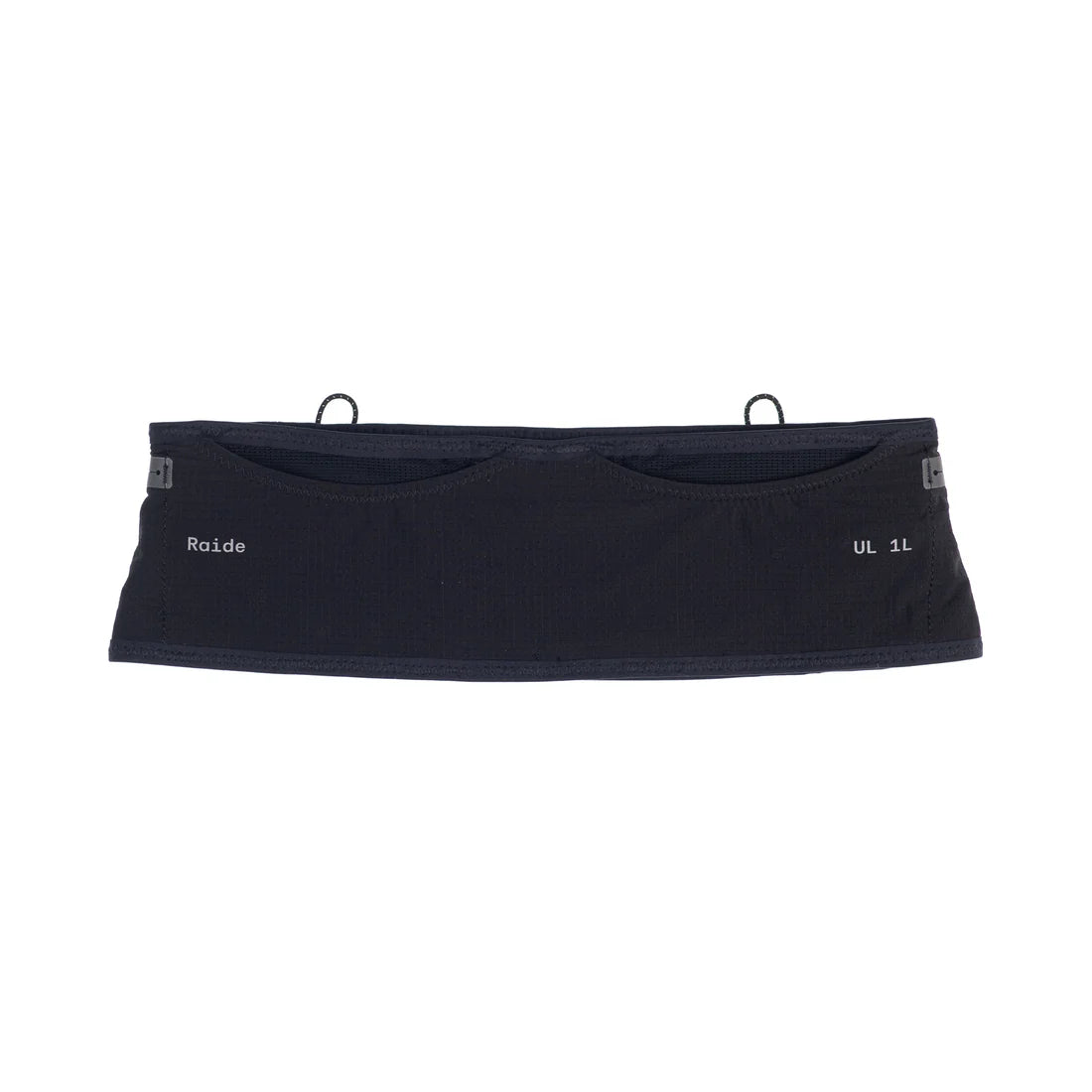 UL 1L Running Belt by Raide Research in black, lightweight hydration belt for road and trail running with storage for nutrition and essentials