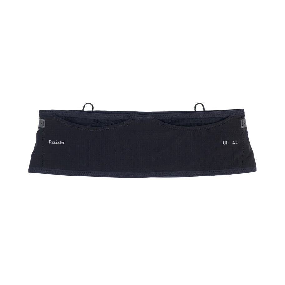 UL 1L Running Belt by Raide Research in black, lightweight hydration belt for road and trail running with storage for nutrition and essentials