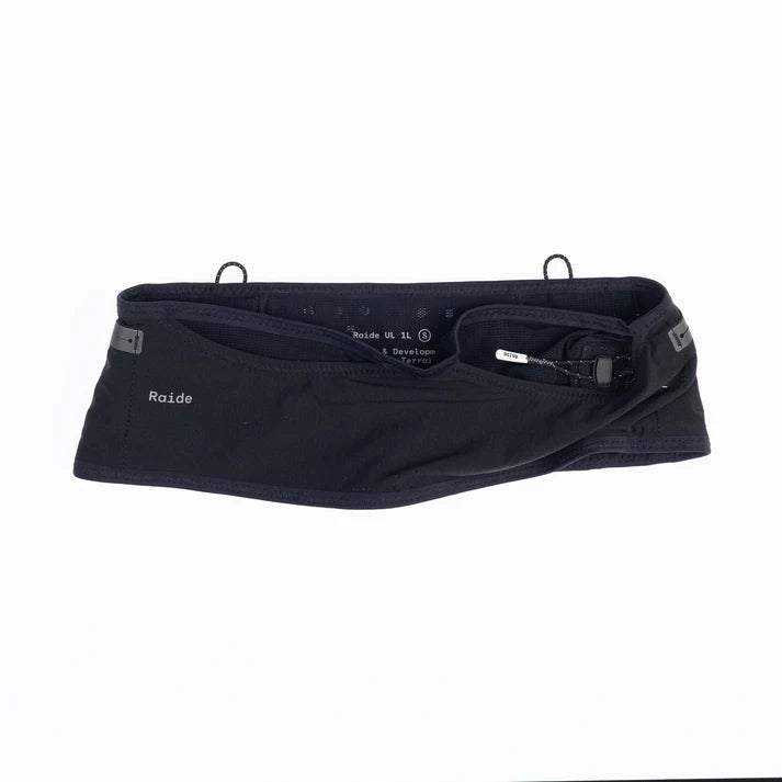 UL 1L Running Belt by Raide Research in black, lightweight hydration and nutrition storage ideal for road and trail running