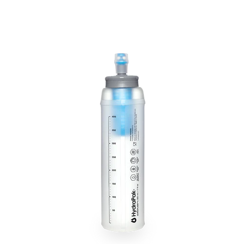 Ultra Flask + 500ml Filter Kit by Hydrapak in translucent white and blue, lightweight flask with built-in water filter for clean hydration outdoors