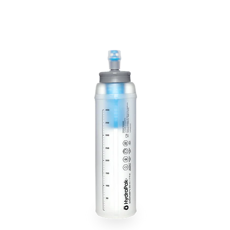 Ultra Flask + 500ml Filter Kit by Hydrapak in translucent white and blue, lightweight flask with built-in water filter for clean hydration outdoors