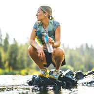 Ultra Flask + 500ml Filter Kit by Hydrapak in blue and grey, lightweight filtered hydration system ideal for outdoor running and hiking