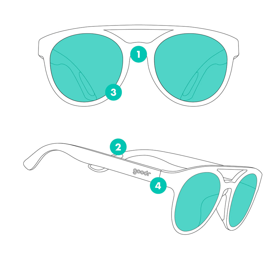 Need for Seed by Goodr in white and teal, lightweight sunglasses designed for plant parents with durable frame for everyday outdoor wear
