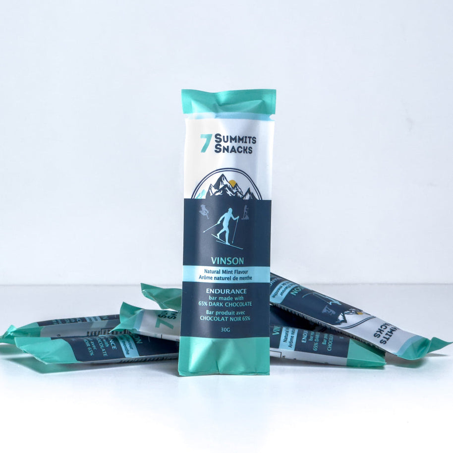 Vinson Dark Chocolate & Mint Endurance Bar (30g) by 7 Summit Snacks with 64% Peruvian chocolate, honey, electrolytes for endurance fueling